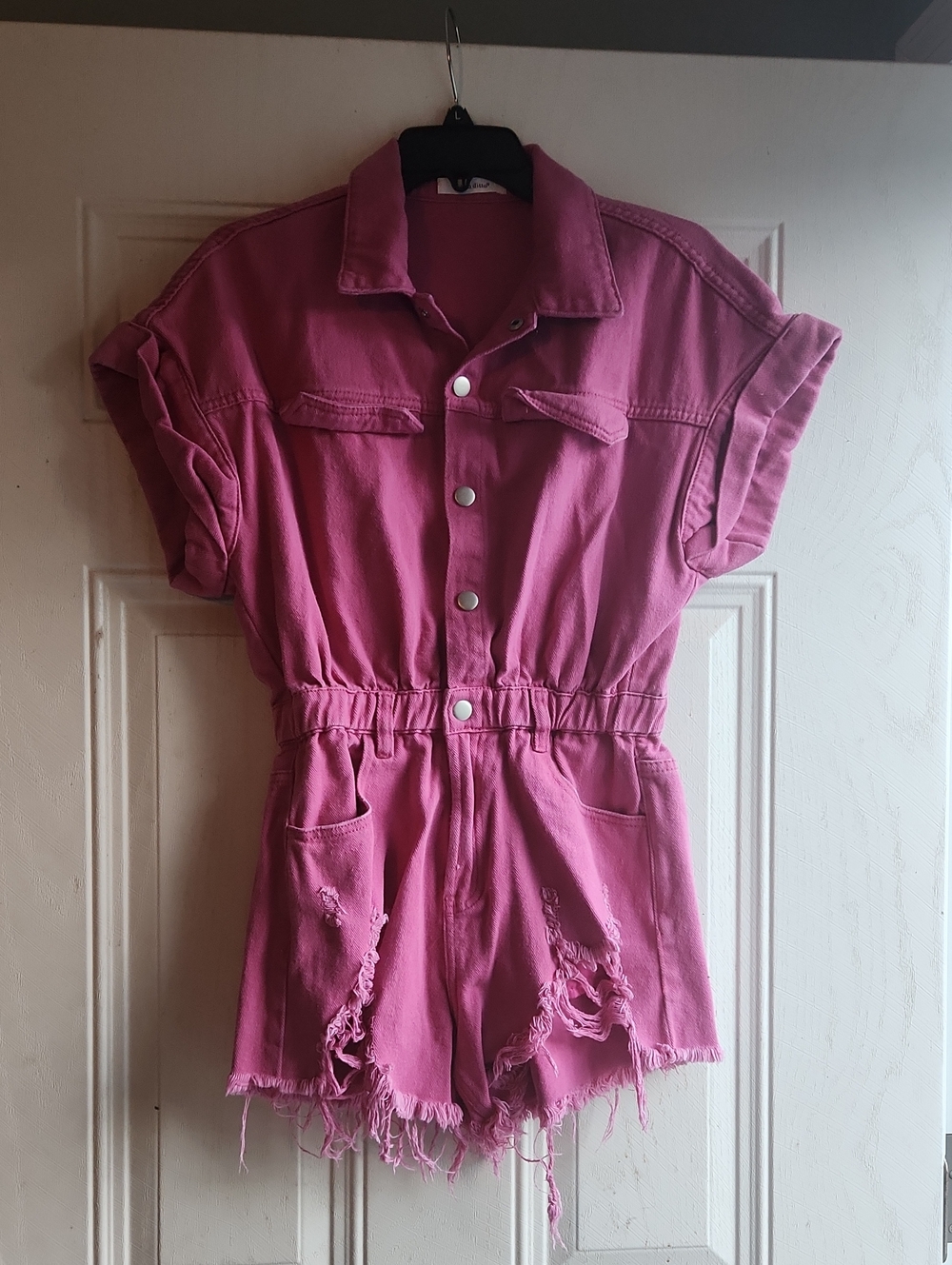 Women's Pink Short-Sleeve Denim Romper with Distressed Hem